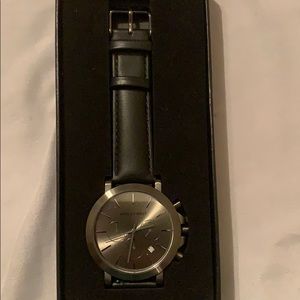 Black leather watch with gun metal face